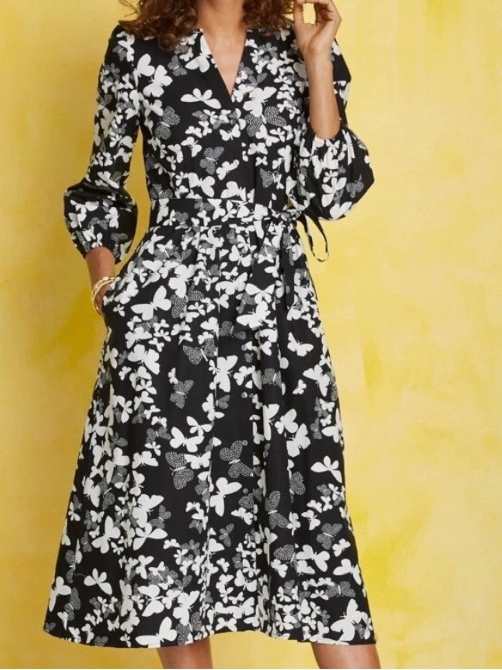 Talbots Black and White Floral Wrap Maxi long sleeve Dress